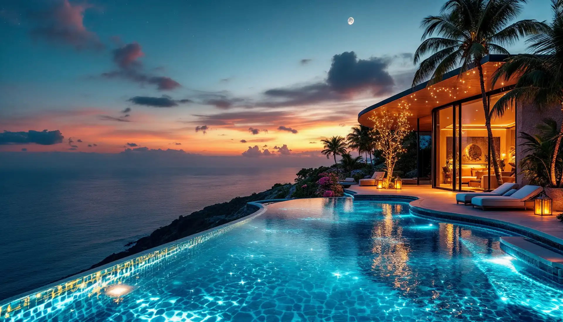 A concrete and glass villa on a cliff at dusk with lit interiors