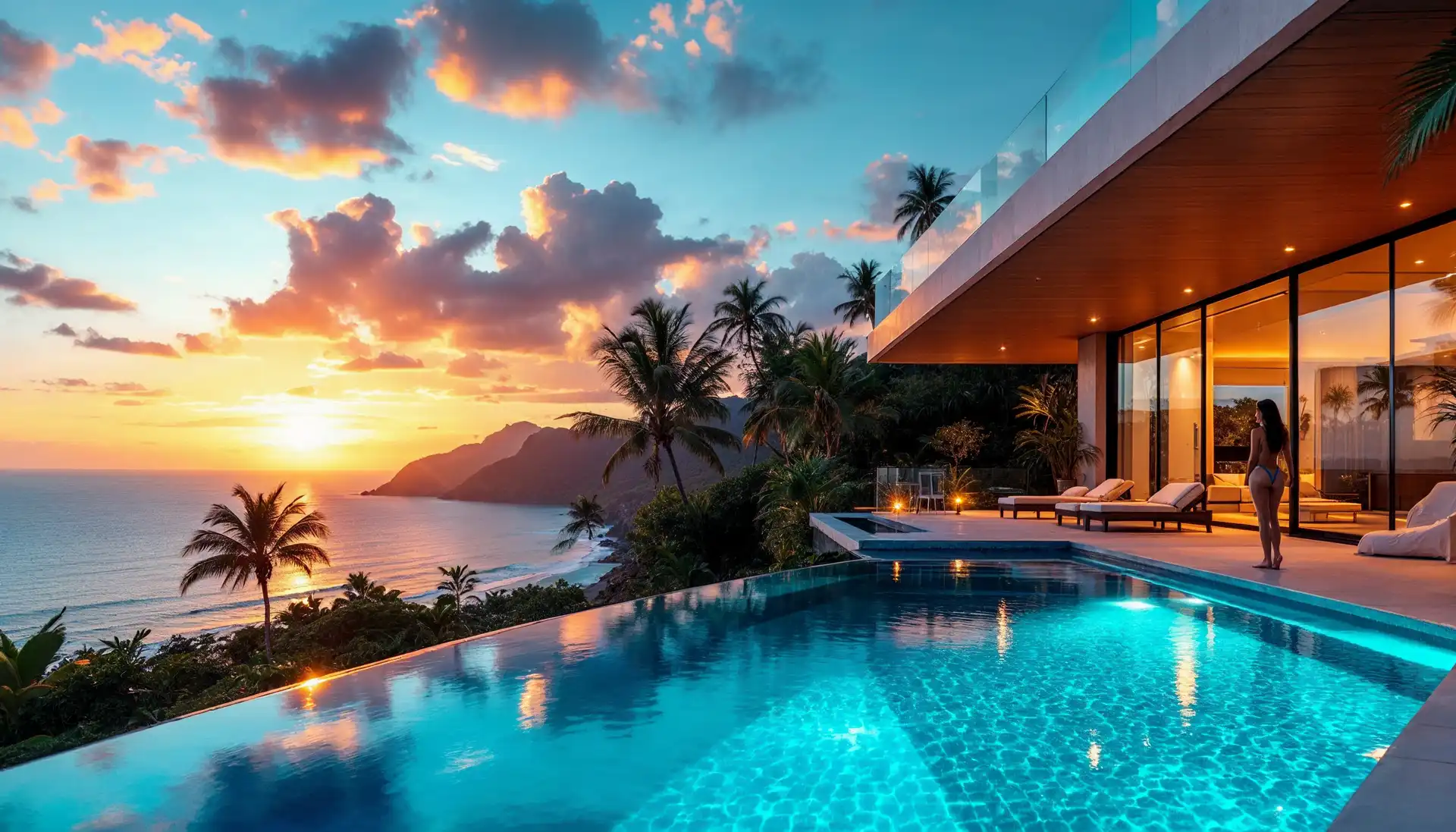 Full-height sliding glass opening a living room onto a terrace at sunset