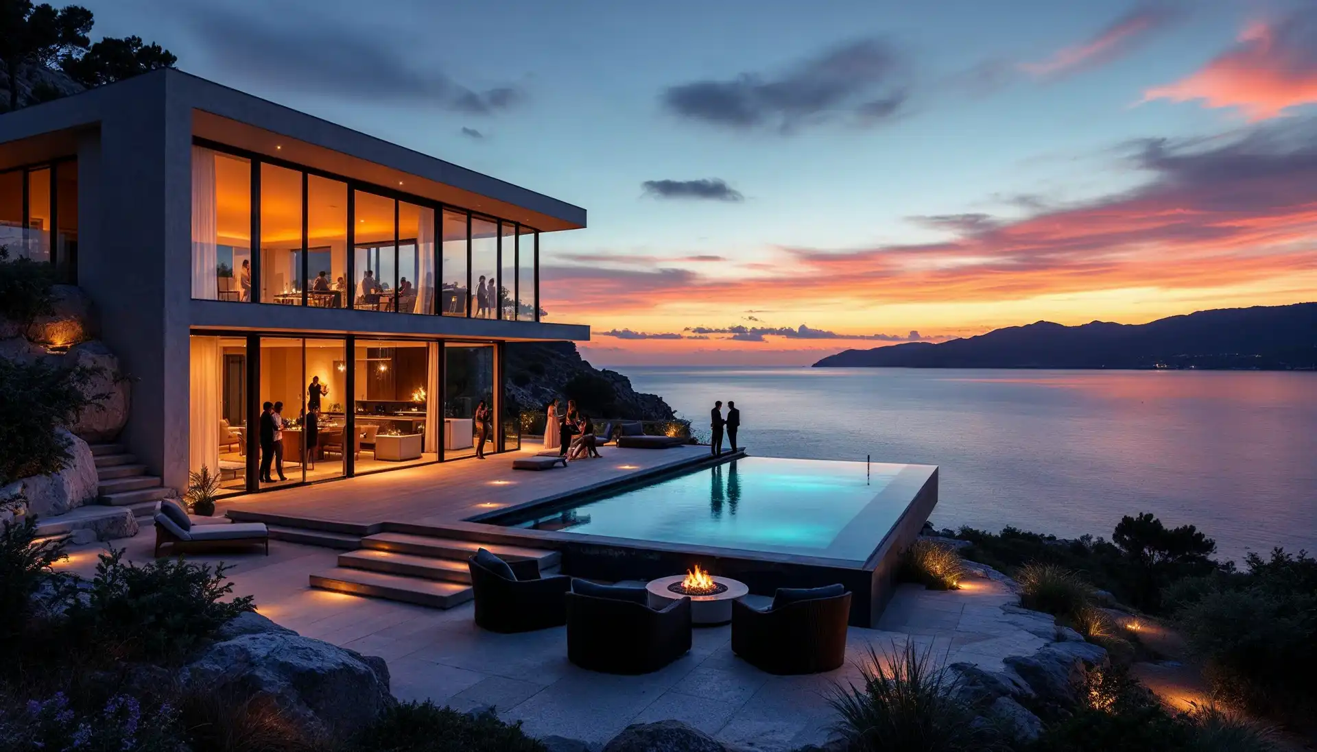 An infinity pool at dusk reflecting the sky above a coastline