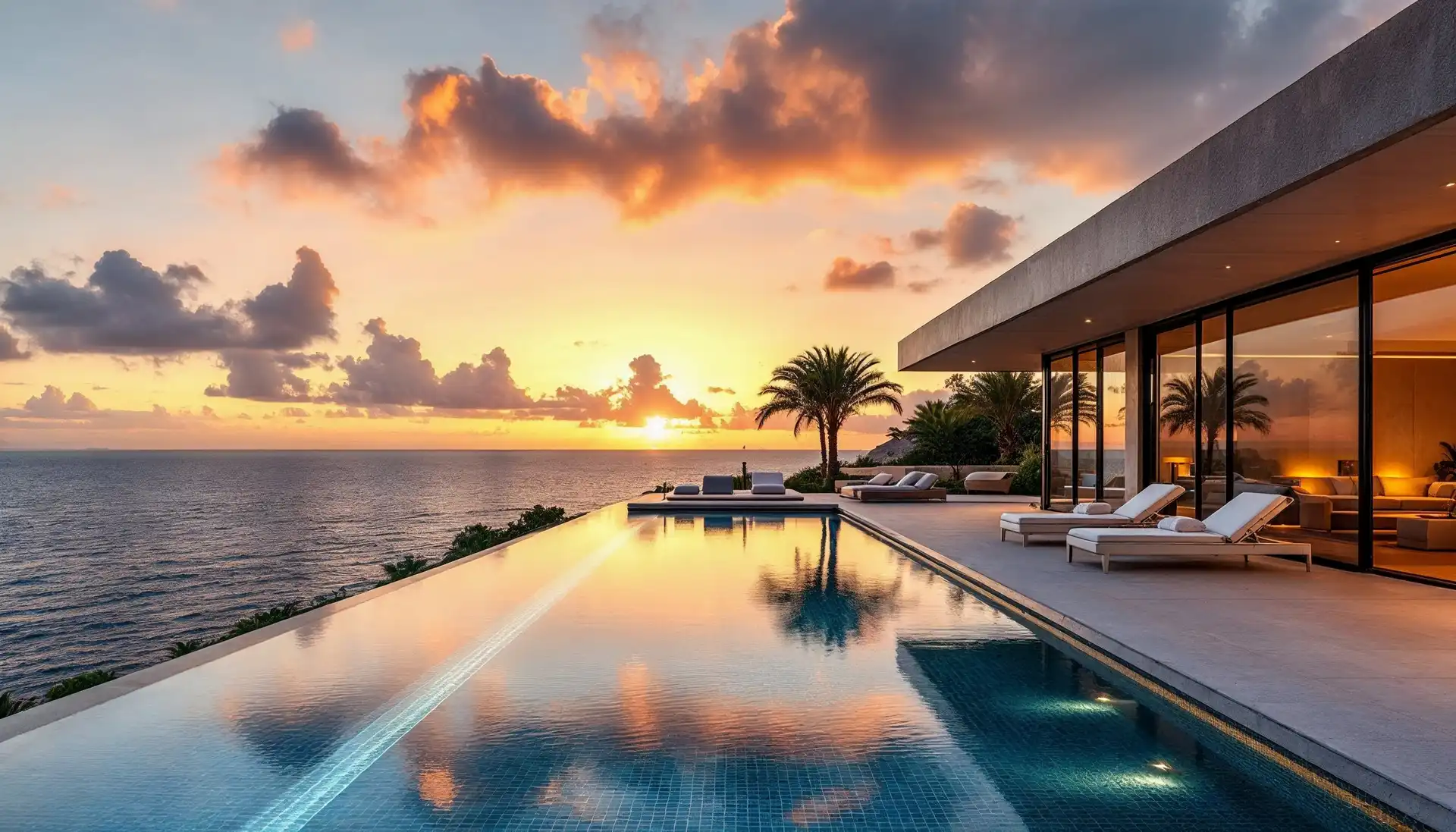 A terrace fire bowl burning beside seating at dusk above the sea