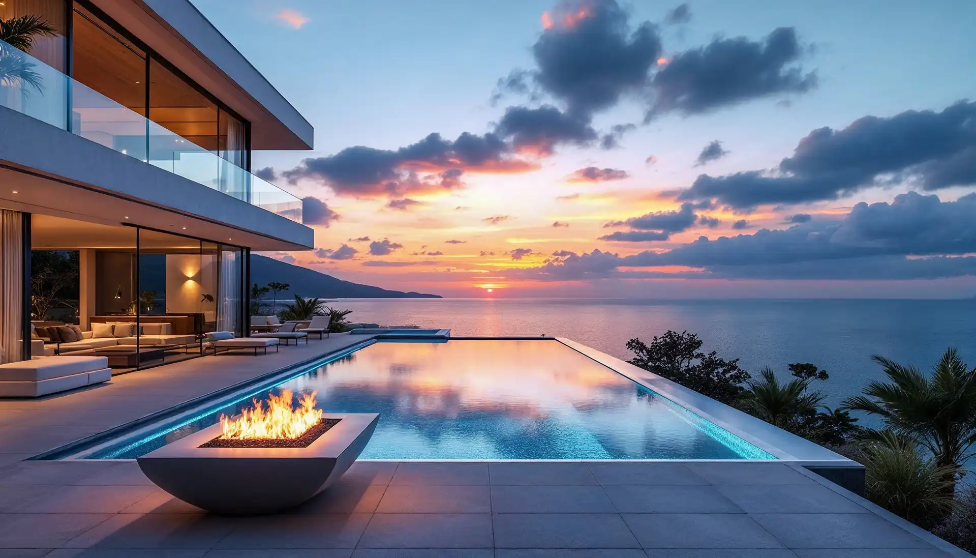A dark-lined infinity pool mirroring the sunset sky