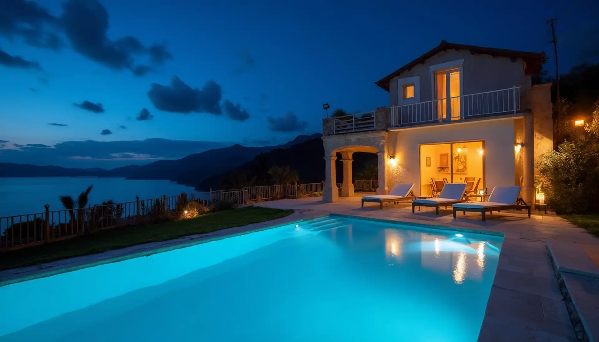 A pale-lined pool reading turquoise in the blue hour