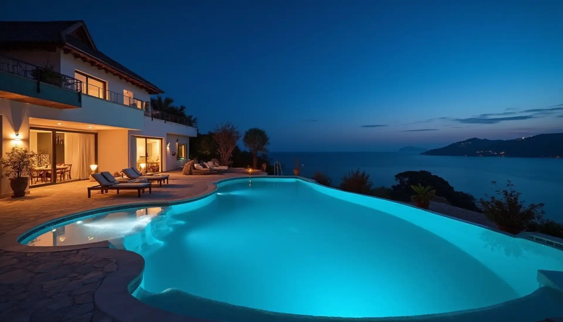 A deep roof overhang casting striped shade across a terrace and pool