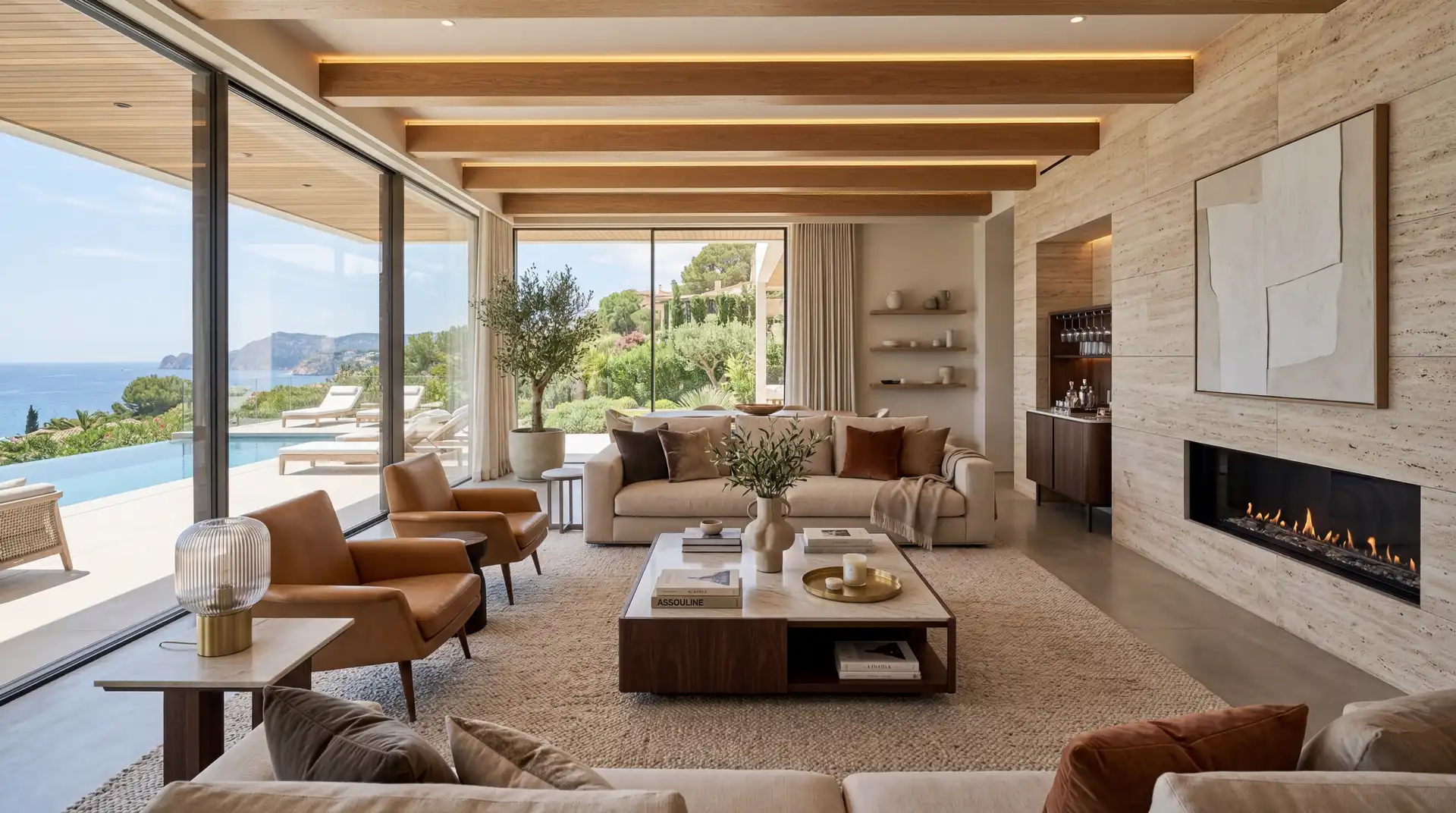 A quiet living room in warm neutrals with a long low sofa and open glazing