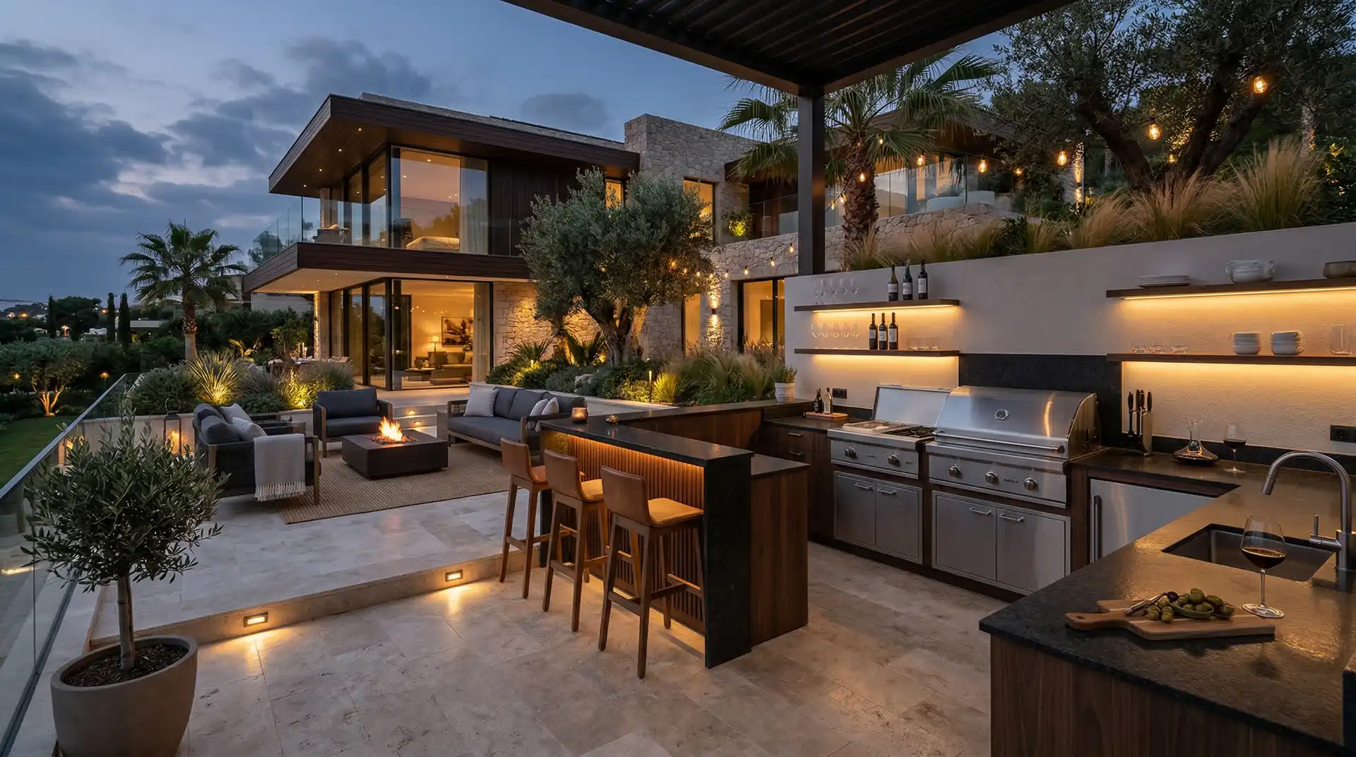 An outdoor kitchen with a stone counter, grill and bar seating at dusk