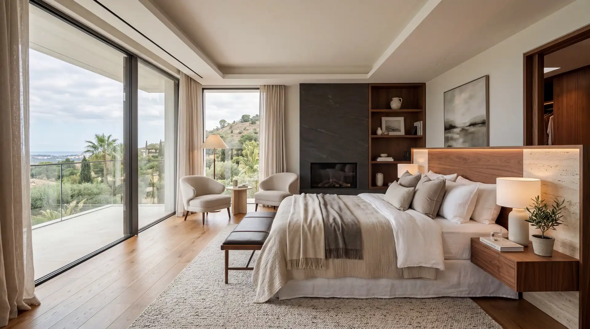 A calm bedroom with linen bedding, a low headboard and sea light beyond