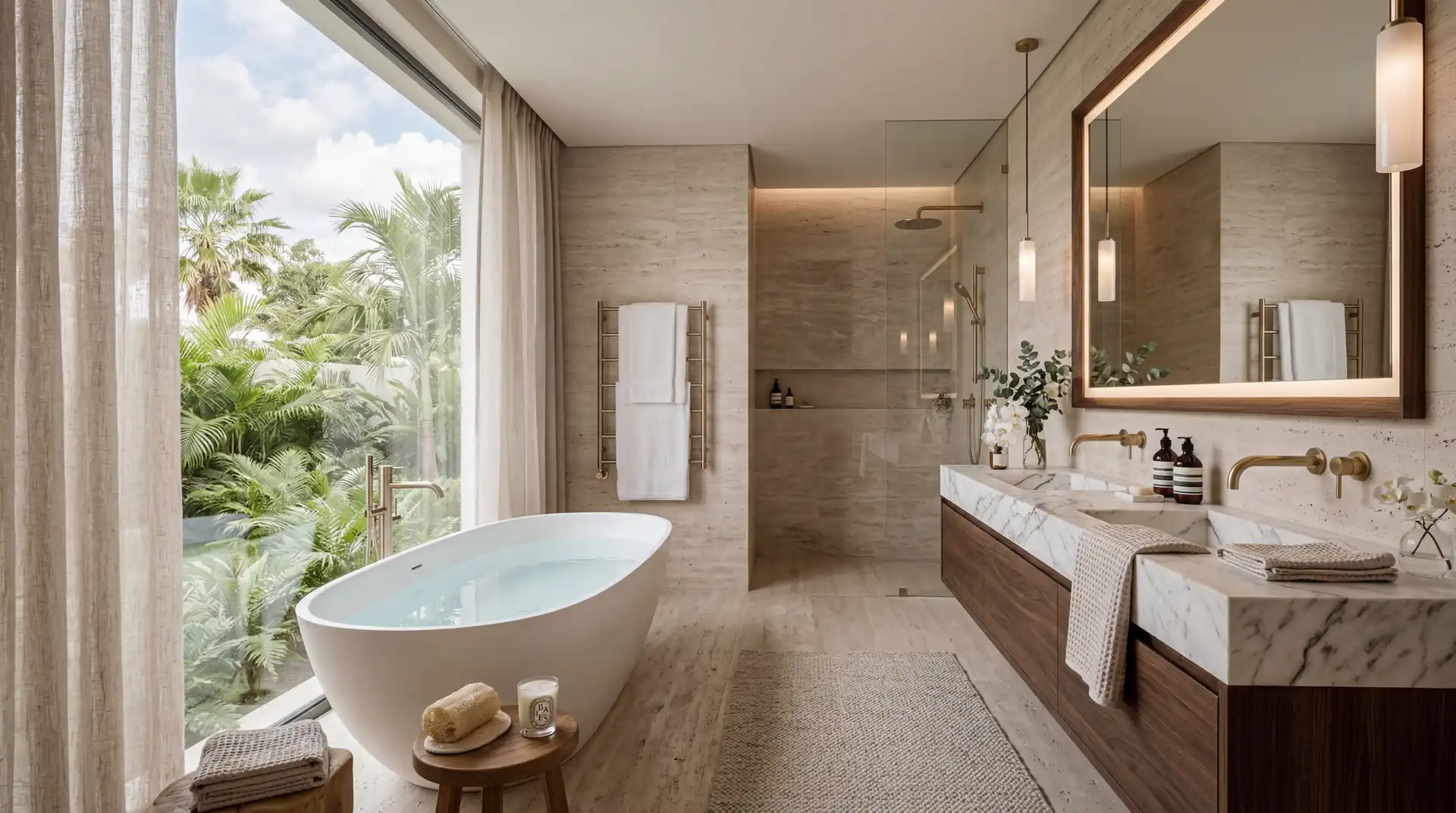 A stone bathroom with a freestanding tub beside a garden window