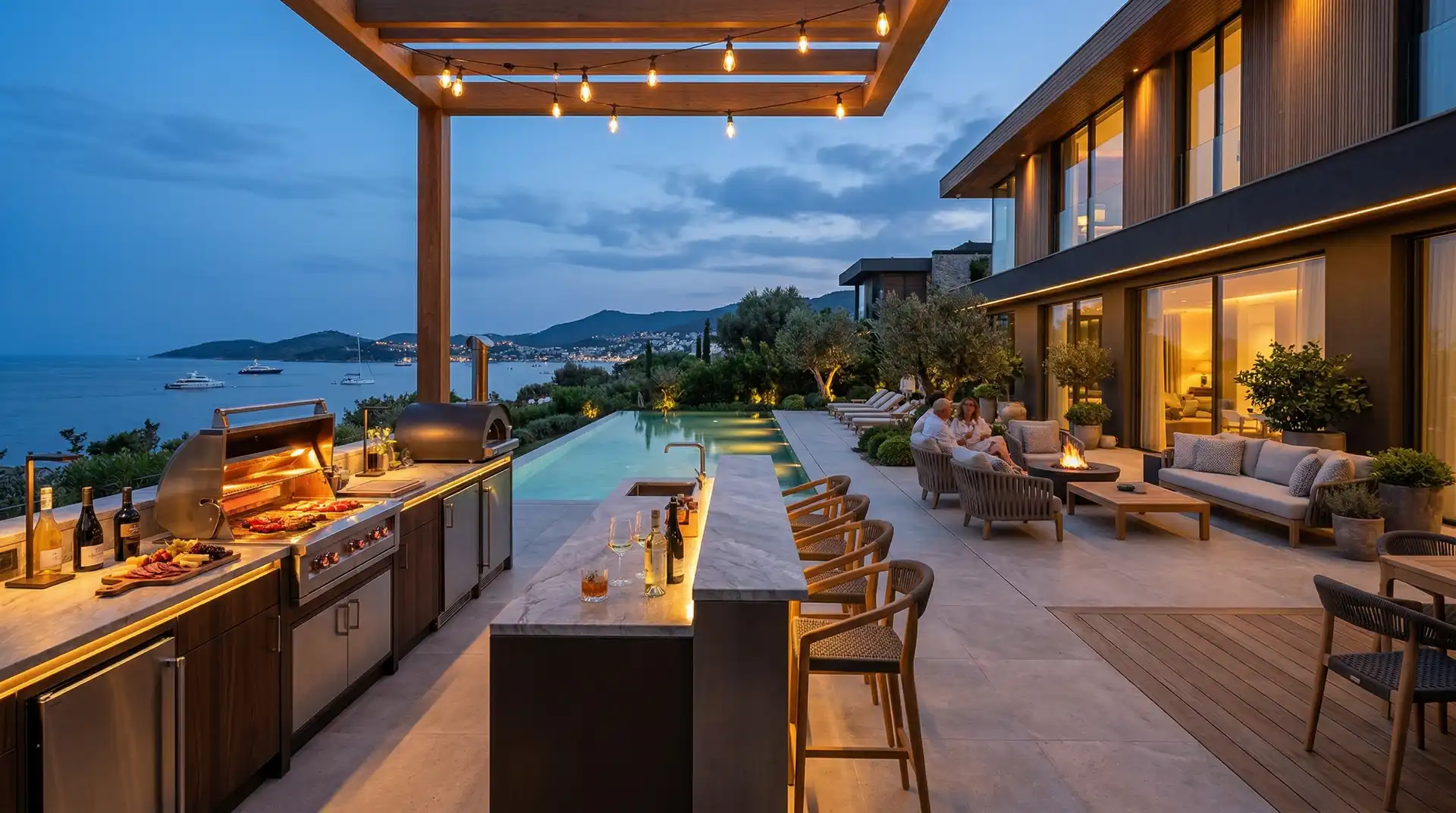 A covered outdoor terrace with lounge seating overlooking a pool at dusk