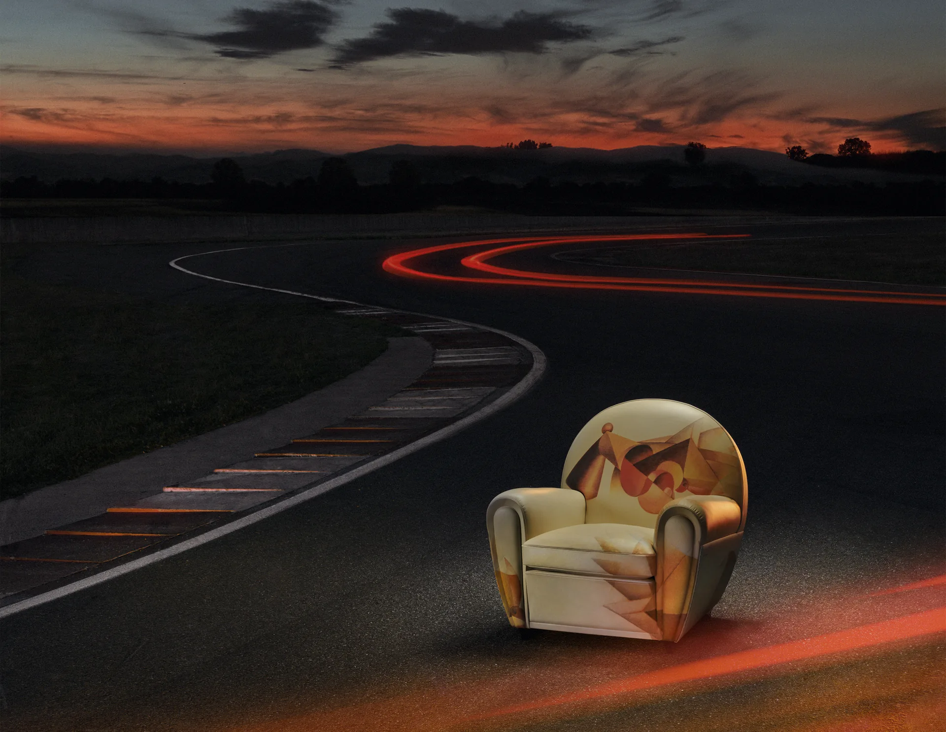 Poltrona Frau Vanity Fair XC In Motion armchair with Ivo Pannaggi print on a racetrack at dusk